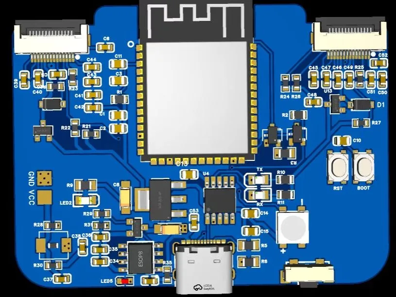 Rendered helmet circuit board with ESP32 module and display connectors